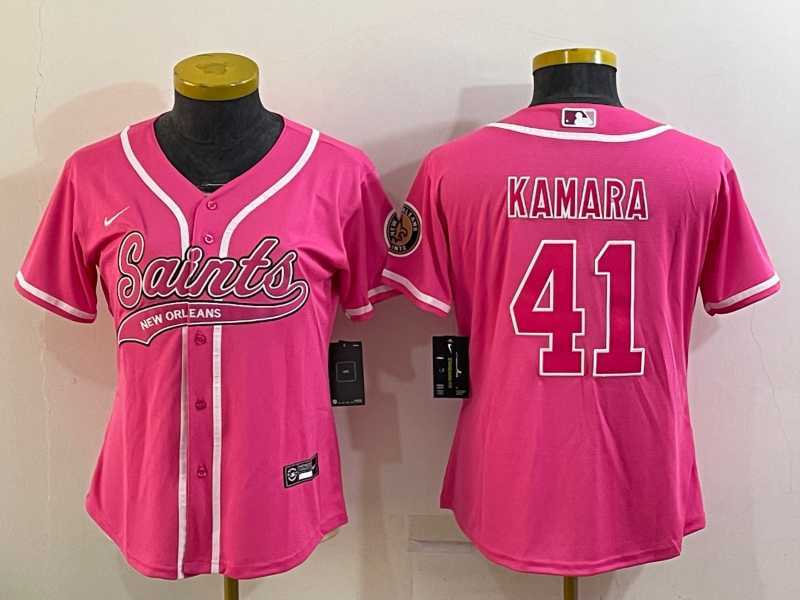 Womens New Orleans Saints #41 Alvin Kamara Pink With Patch Cool Base Stitched Baseball Jersey->women nfl jersey->Women Jersey